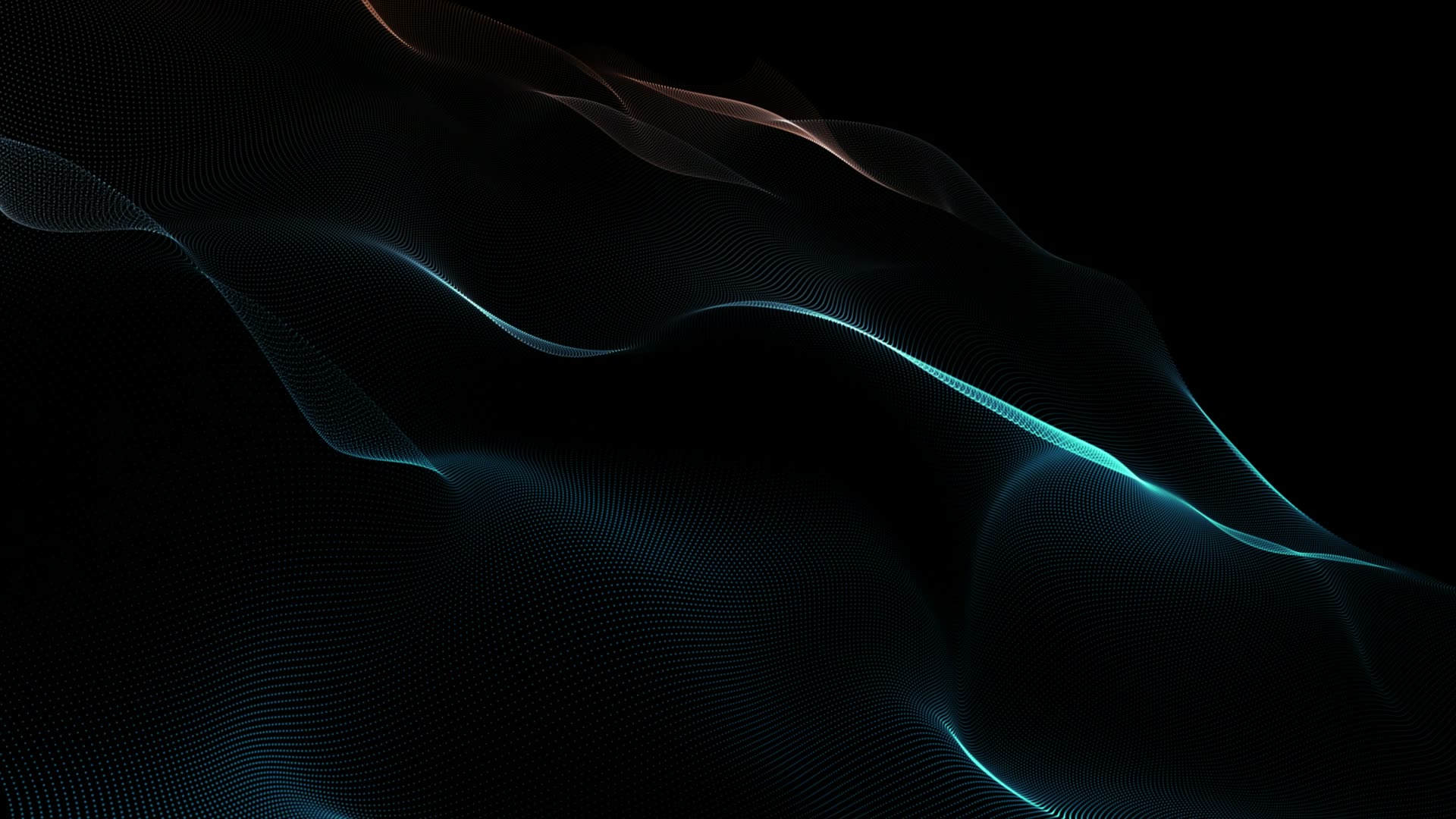 Fine teal and copper particles drifting into a wave across a black field
